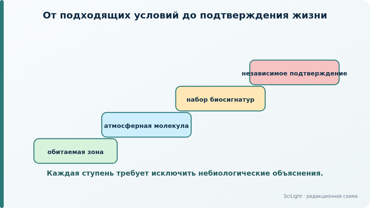 Четыре ступени доказательности: обитаемая зона, отдельная молекула, набор биосигнатур и независимое подтверждение