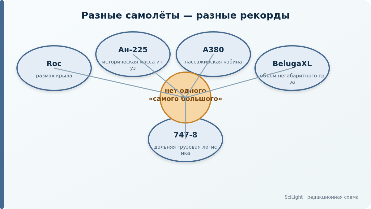 Пять самолётов распределены по разным категориям рекордов: размах, масса и груз, пассажирская кабина, объём и логистика