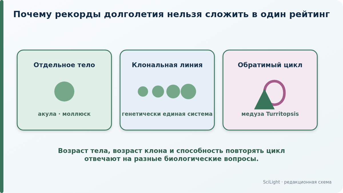 Три отдельные категории: возраст одного тела, длительность клональной линии и обратимый жизненный цикл