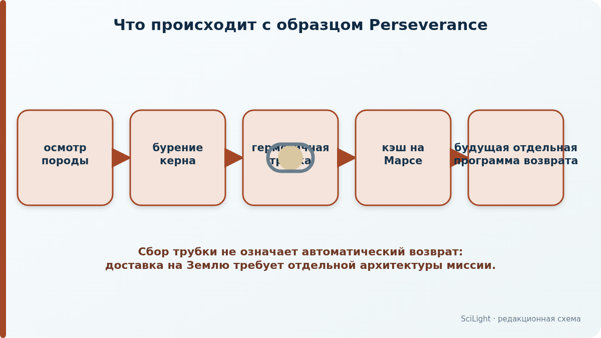 Пять этапов: осмотр породы, бурение керна, герметизация трубки, хранение на Марсе и отдельная будущая программа возврата