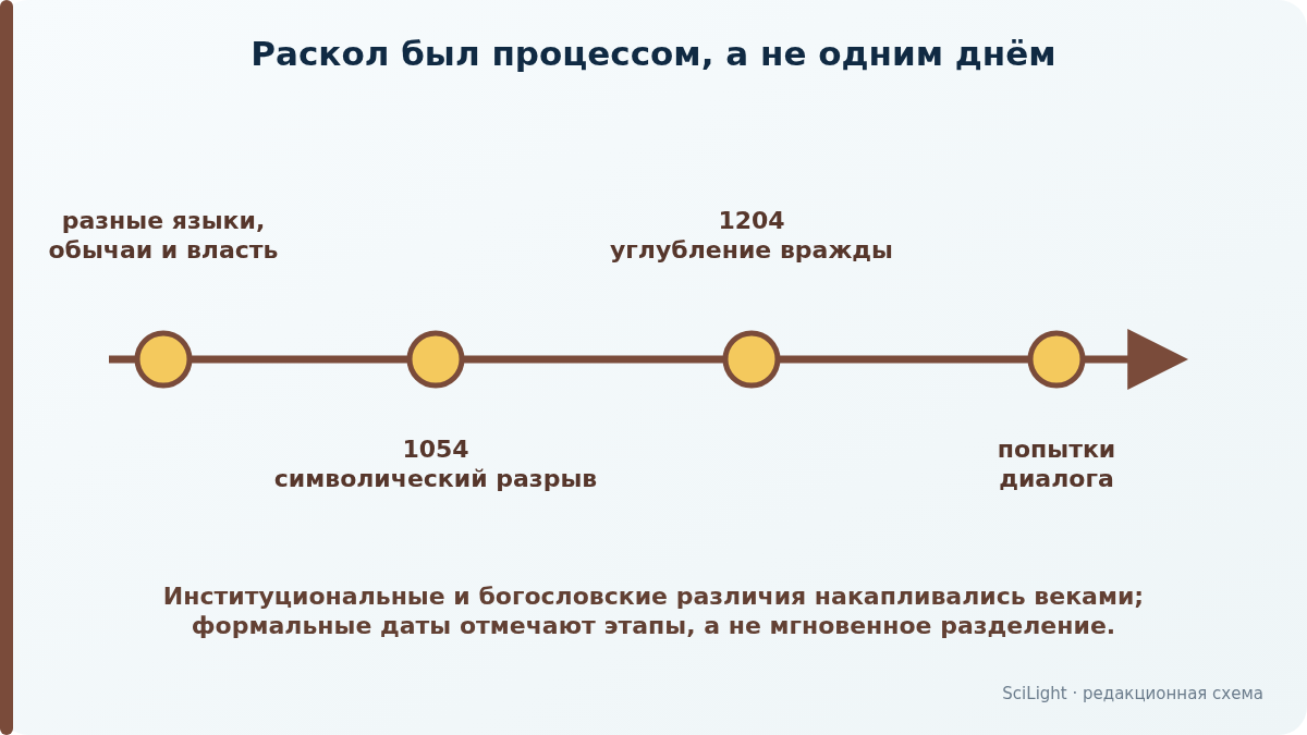Линия процесса от накопления различий через события 1054 и 1204 годов к последующим попыткам диалога