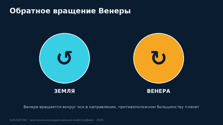 Схема сравнивает направление вращения Земли и противоположное ретроградное вращение Венеры
