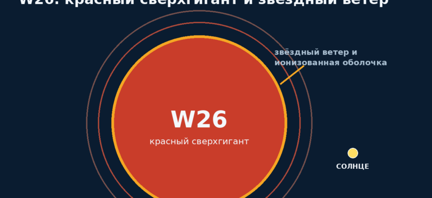 Схема красного сверхгиганта W26 с расходящимся звёздным ветром и окружающей ионизованной газовой оболочкой