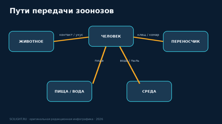 Схема показывает животное, человека, пищу и переносчика, соединённые стрелками путей передачи инфекции