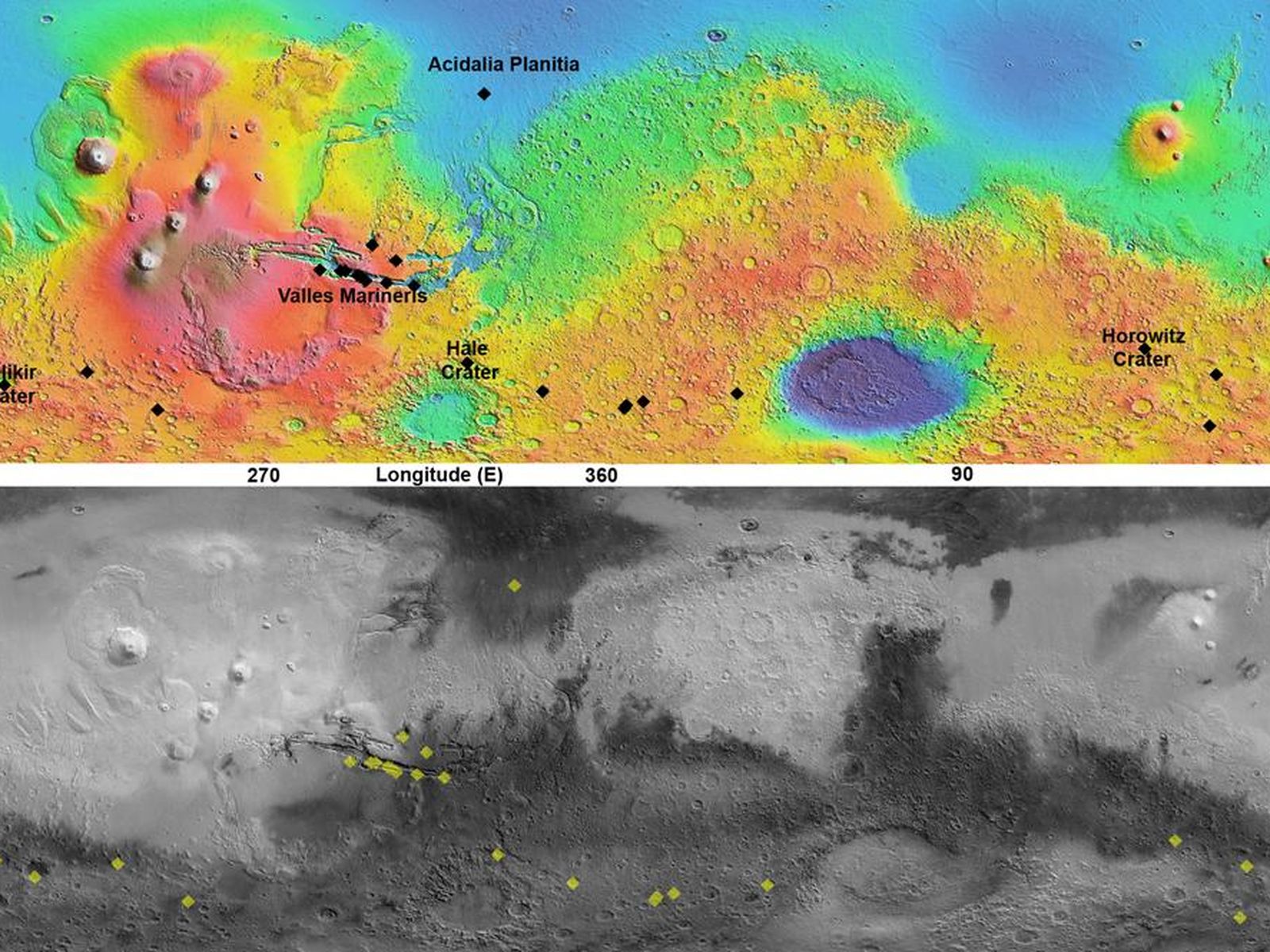 Карта участков recurrent slope lineae на Марсе