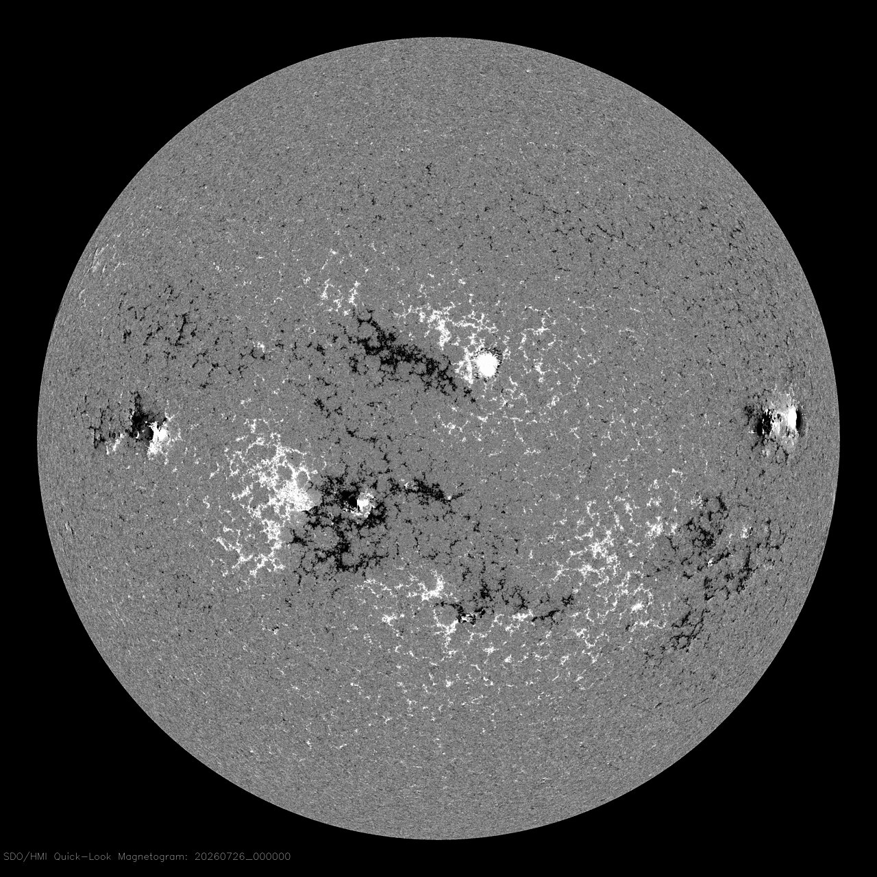 Магнитограмма полного диска Солнца, полученная обсерваторией SDO в июле 2026 года